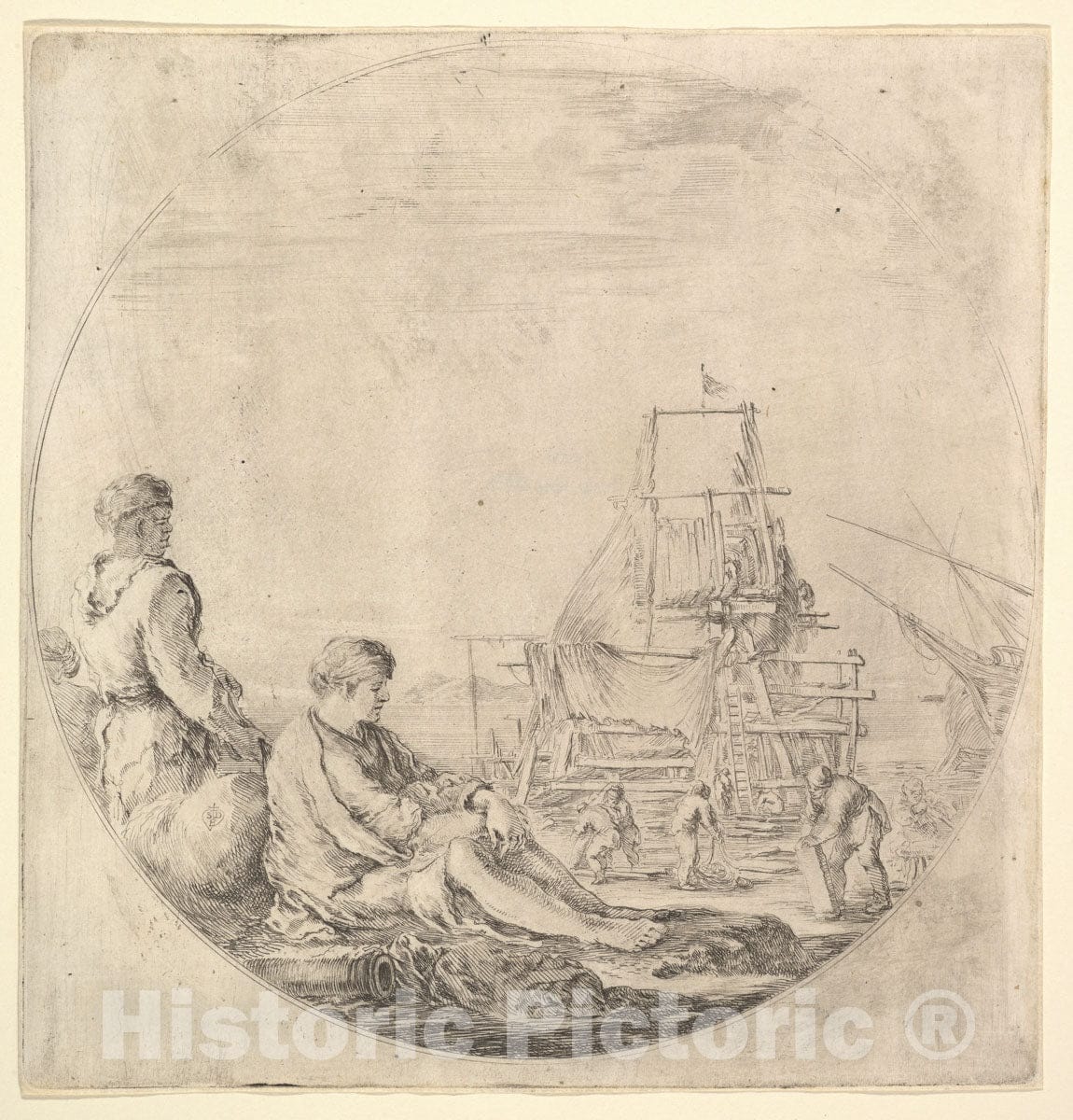 Art Print : A black sailor standing to left, in profile to the right, a white sailor seated in center with legs outstretched - Artist: Stefano della Bella - c1658 : Vintage Wall Art