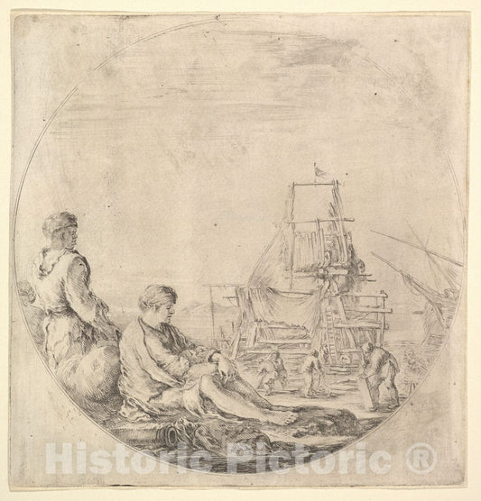 Art Print : A black sailor standing to left, in profile to the right, a white sailor seated in center with legs outstretched - Artist: Stefano della Bella - c1658 : Vintage Wall Art