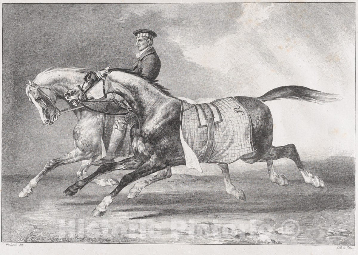 Art Print : Théodore Gericault - Two Dappled-Grey Horses Being Exercised : Vintage Wall Art