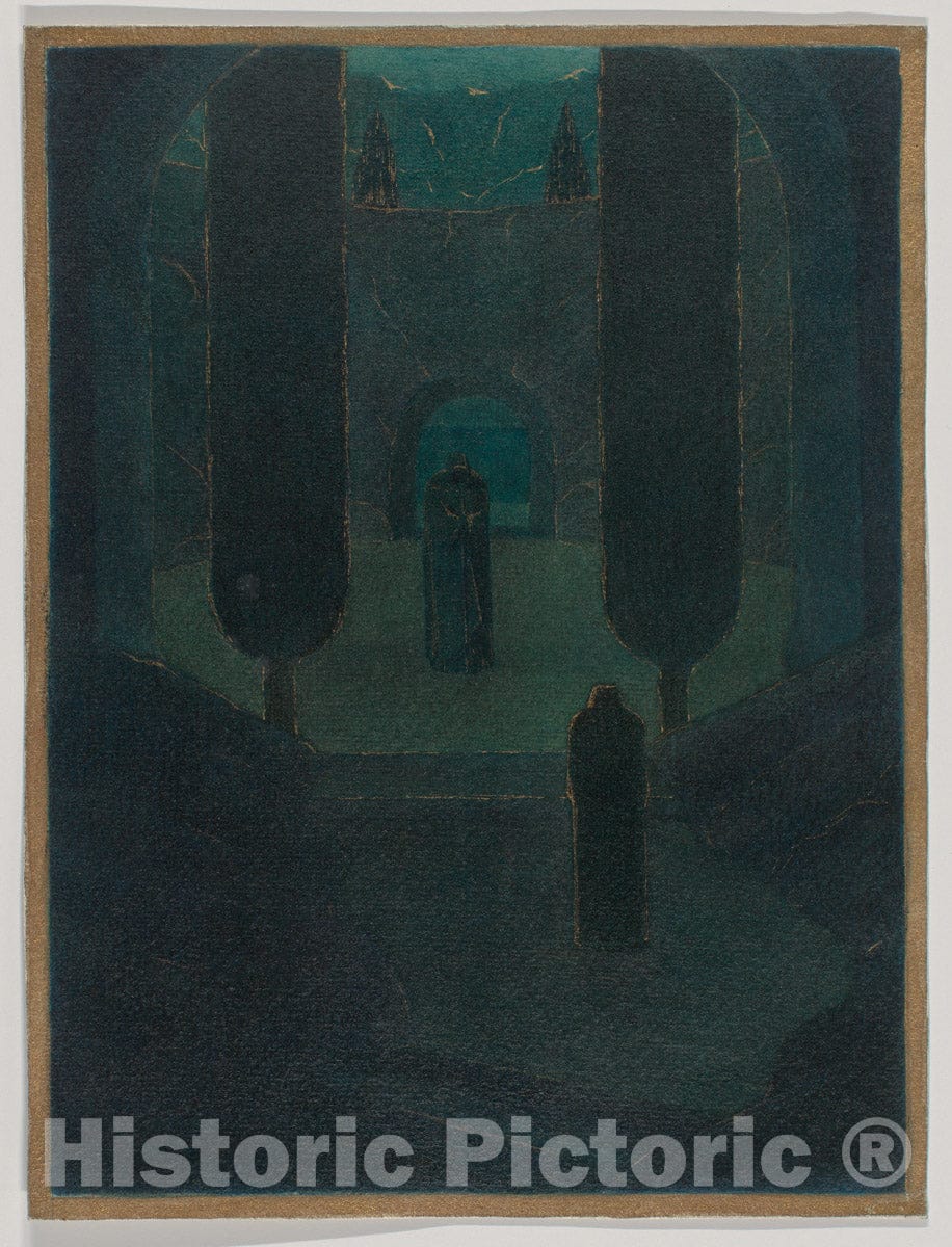 Art Print : Herbert E. Crowley - Cloaked Figures in a Dark Garden, Possibly a Stage Set Design : Vintage Wall Art