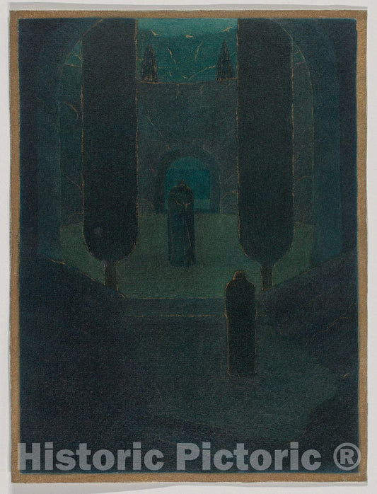 Art Print : Herbert E. Crowley - Cloaked Figures in a Dark Garden, Possibly a Stage Set Design : Vintage Wall Art