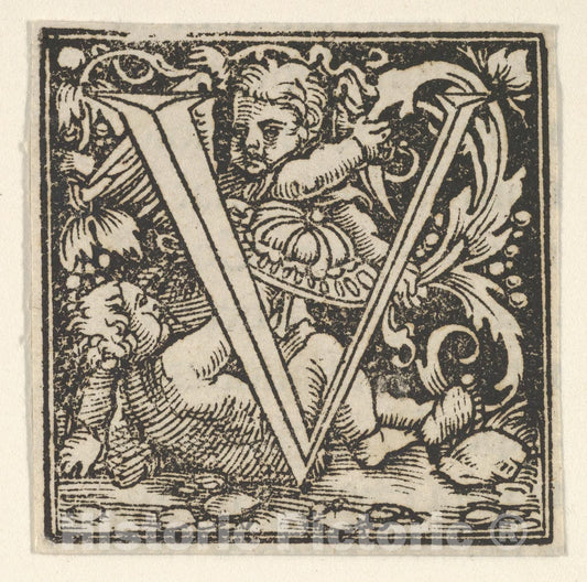 Art Print : Heinrich Vogtherr The Elder - Initial Letter V with putti : Vintage Wall Art