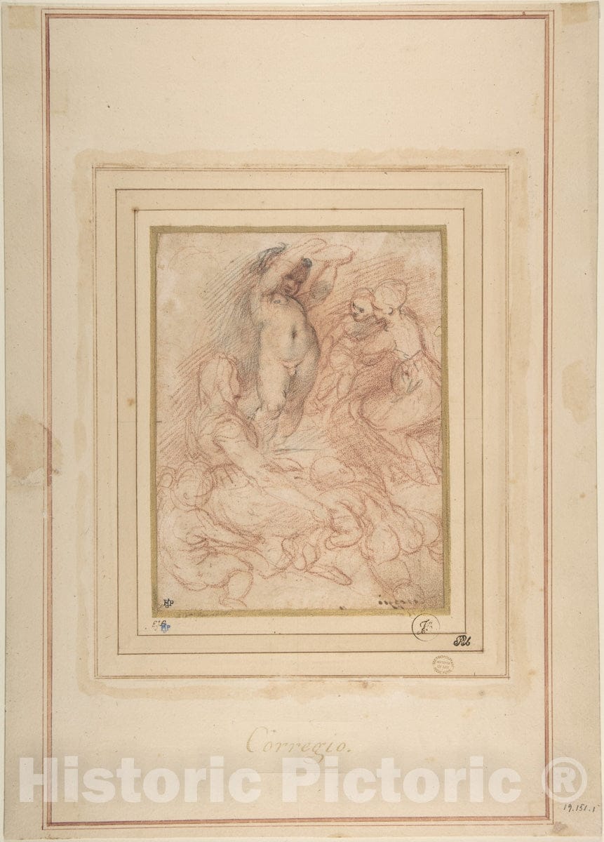 Art Print : School of Correggio (Antonio Allegri) - Standing Nude Child Surrounded by Women and Children : Vintage Wall Art