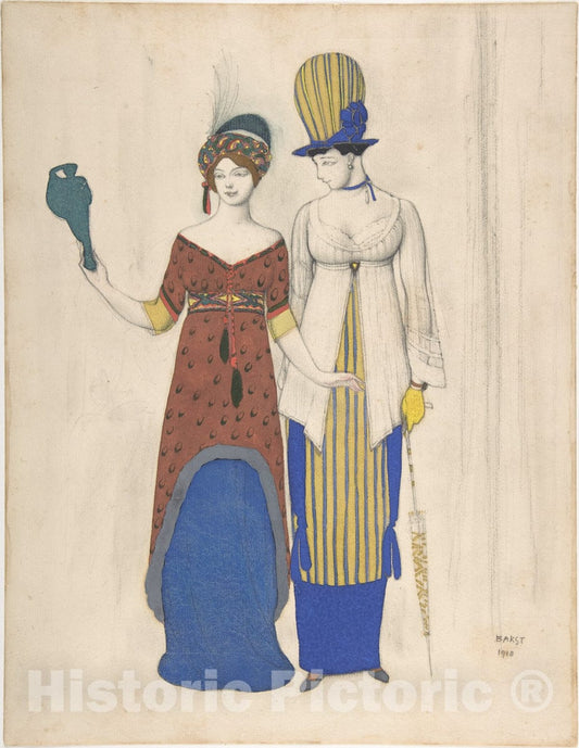 Art Print : Léon Bakst - 'Fantaisie sur le Costume Moderne': Two Female Haute Couture Figures : Vintage Wall Art