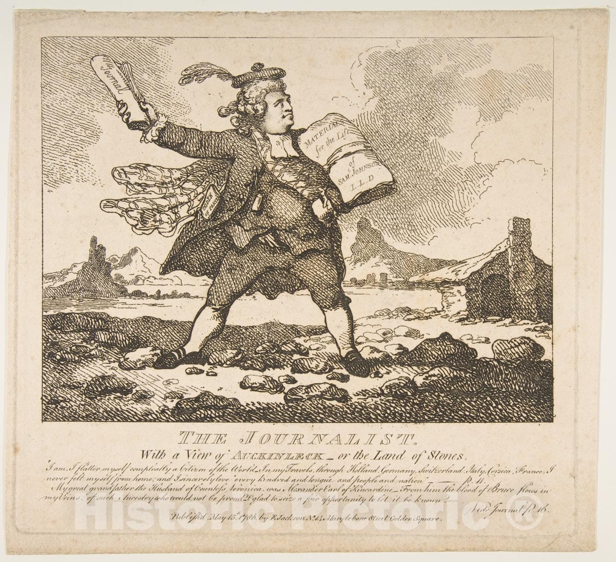 Art Print : Thomas Rowlandson - The Journalist, with a View of Auckinleck, or The Land of Stones (Picturesque Beauties of Boswell, Part The First) : Vintage Wall Art