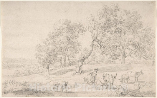 Art Print : Nicolaes Berchem - Cattle and Figures in a Landscape : Vintage Wall Art