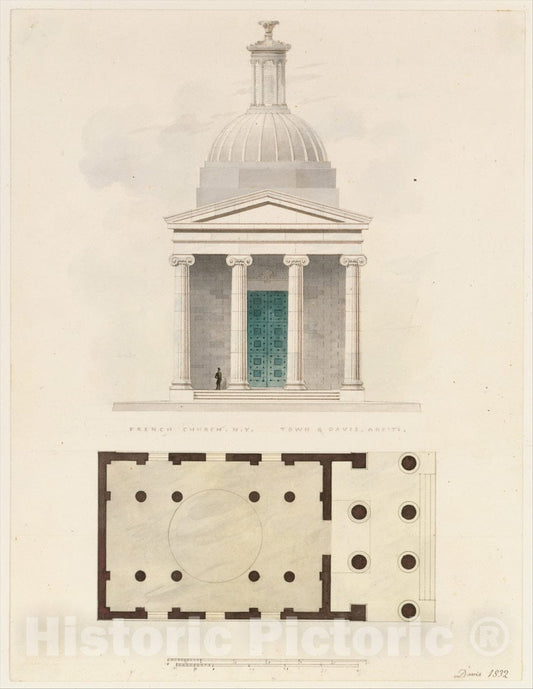 Art Print : Alexander Jackson Davis - Church of The French Protestants (Eglise Français du Saint Esprit), New York (Front Elevation and Plan) : Vintage Wall Art