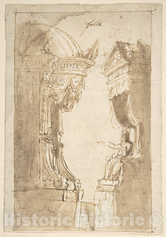 Art Print : Italian, 19th Century - Design for a Stage Set with Two Thrones (Recto); Landscape (Verso) : Vintage Wall Art