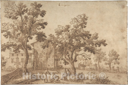 Art Print : Remigio Cantagallina - A View of a Village with Figures. : Vintage Wall Art