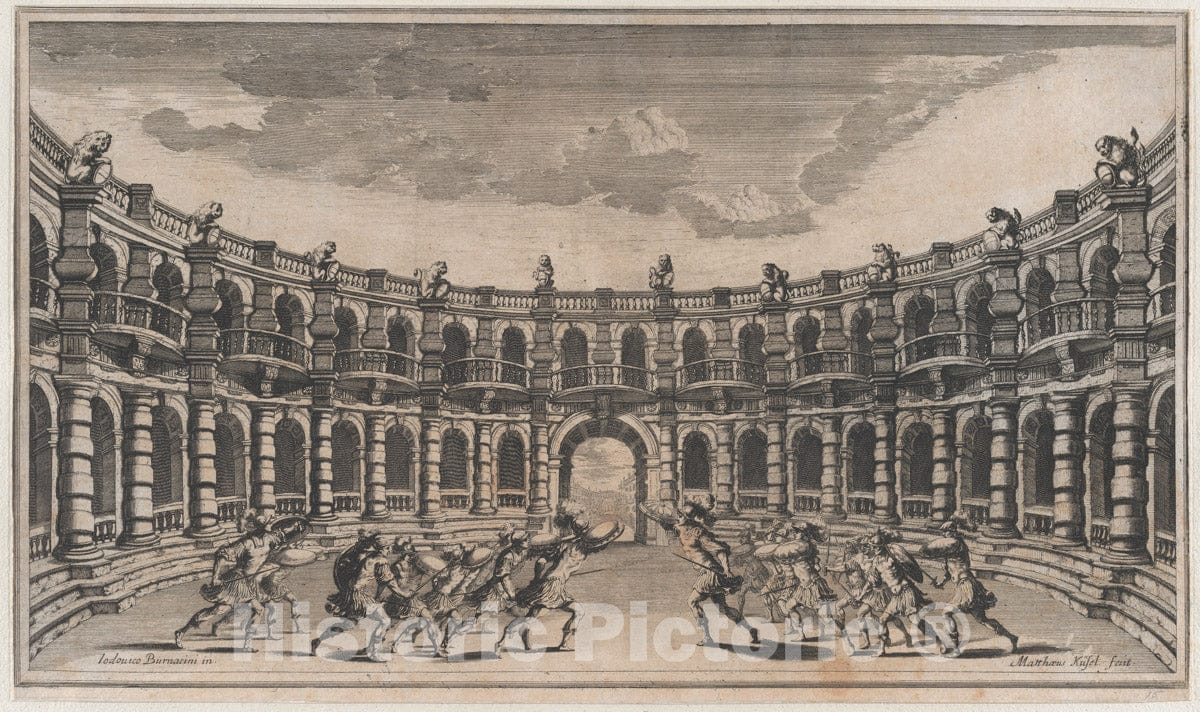 Art Print : Mathäus Küsel - Amphitheater with Two Groups of Soldiers Running Toward Each Other