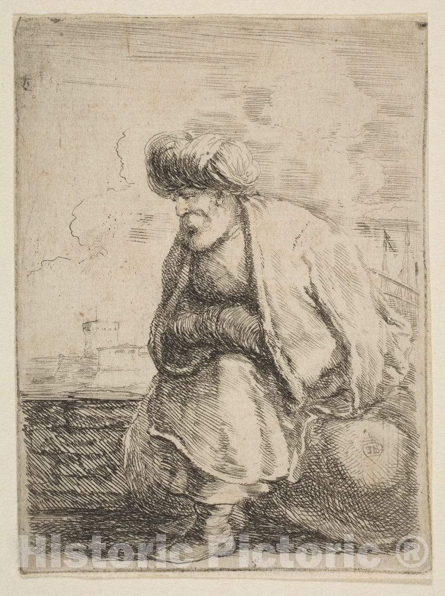 Art Print : Stefano Della Bella - an Old Turk Seated on a Stone 2 : Vintage Wall Art