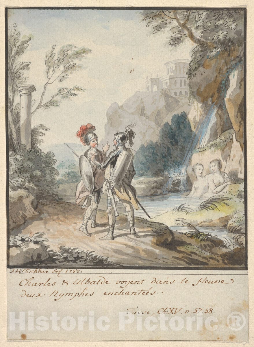 Art Print : Carlo and Ubaldo Resisting The Enchantments of Armida's Nymphs - Artist: Johann Heinrich Tischbein The Elder - Created: 1782 : Vintage Wall Art