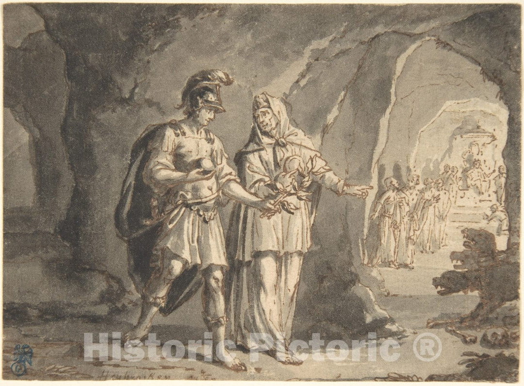 Art Print : Arnold Houbraken - Aeneas and The Sibyl in The Underworld : Vintage Wall Art