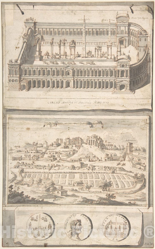 Art Print : Jan Goeree - Reconstruction of The Circus Maximus (Above) and a View of The Site (Below) : Vintage Wall Art