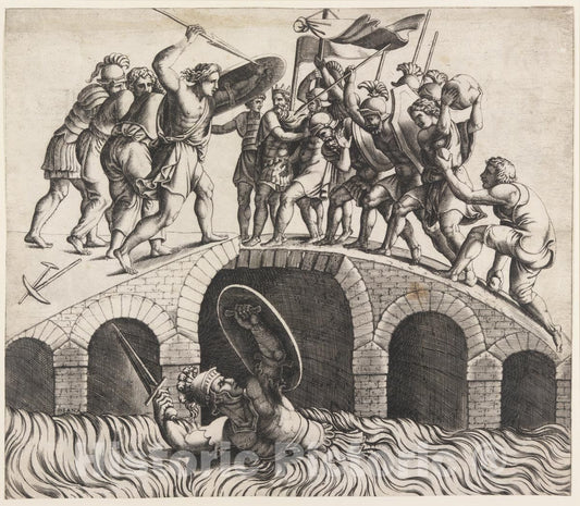Art Print : Diana Scultori - Horatio Coclès Saving Himself by Swimming : Vintage Wall Art
