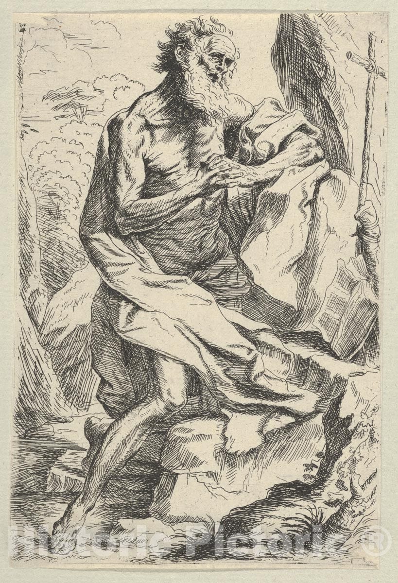 Art Print : Anonymous, 17th Century - Saint Jerome Kneeling on a Rock in Front of a Cross and an Open Book Facing Right, After Reni 2 : Vintage Wall Art
