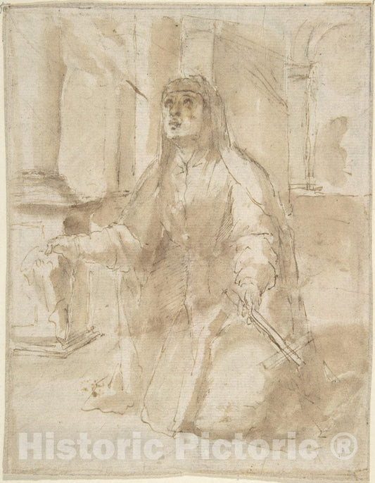 Art Print : Spanish, School of Seville, 17th Century - Kneeling Figure of a Nun : Vintage Wall Art