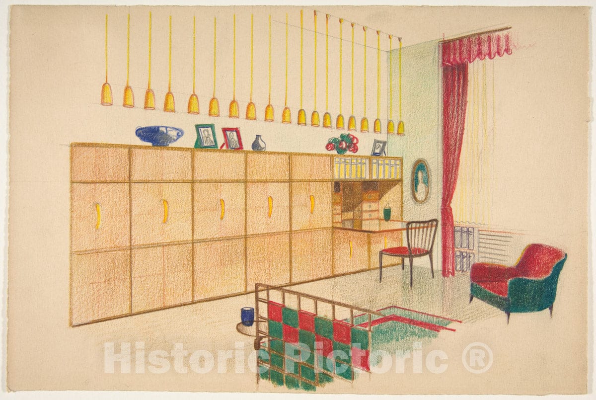 Art Print : Guglielmo Ulrich - Perspective of Living Room with Fitted, Built-in Units : Vintage Wall Art