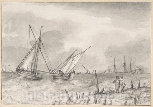 Art Print : Pieter Van Everdingen - Choppy Sea with Boats Near The Coast : Vintage Wall Art