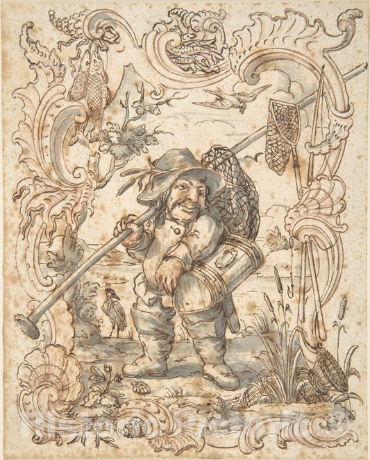 Art Print : Johann Esaias Nilson - Caricatures of a Fish and a Bird Peddler in Ornamental Frames : Vintage Wall Art
