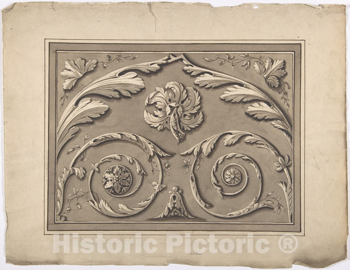 Art Print : British, 19th Century - Design for an Oblong Panel Carved with Foliage : Vintage Wall Art