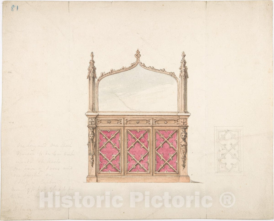 Art Print : British, 19th Century - Design for a Gothic Style Mirrored Cabinet : Vintage Wall Art