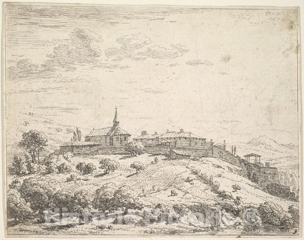 Art Print : Karel Dujardin - Walled Village on a Hill, with Church at Left and Buildings Constructed on The downslope at Right, Trees and Hillside in The Foreground : Vintage Wall Art