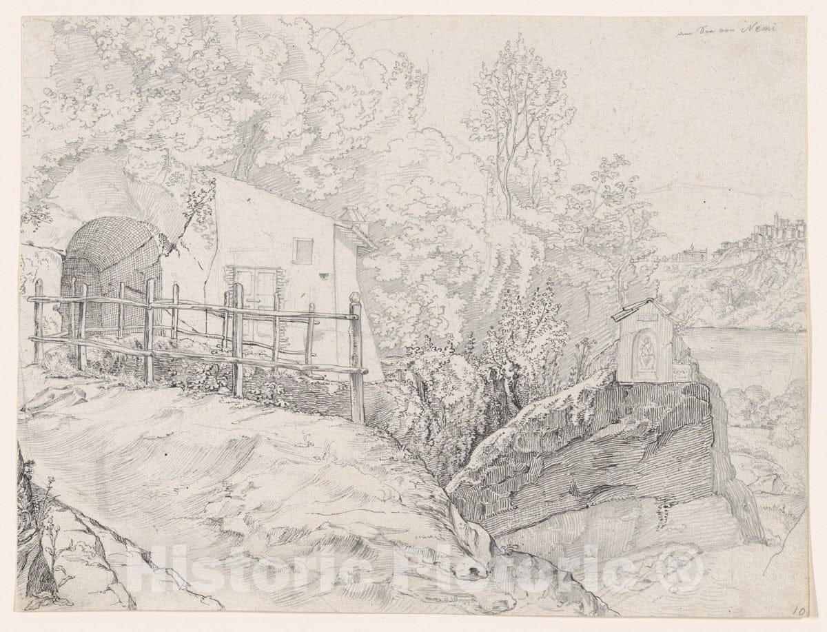 Art Print : A House Near a Grotto and a Roadside Chapel at Lake Nemi - Artist: Johann Martin von Rohden - Created: 19th Century : Vintage Wall Art