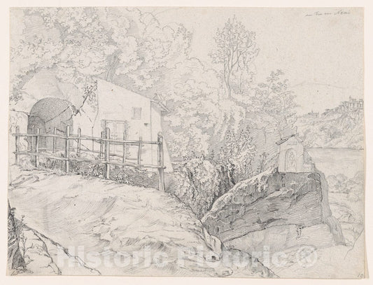 Art Print : A House Near a Grotto and a Roadside Chapel at Lake Nemi - Artist: Johann Martin von Rohden - Created: 19th Century : Vintage Wall Art