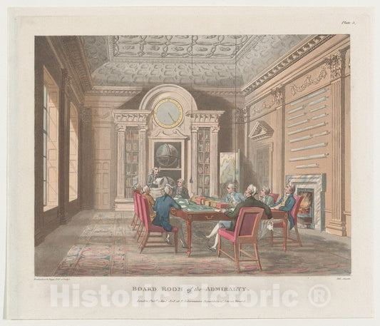 Art Print : Designed and Etched by Thomas Rowlandson - Board Room of The Admiralty (Microcosm of London, Plate 3) : Vintage Wall Art