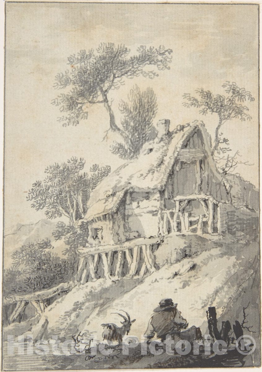 Art Print : Dutch, 18th Century - Thatched Cottage by a Brook : Vintage Wall Art