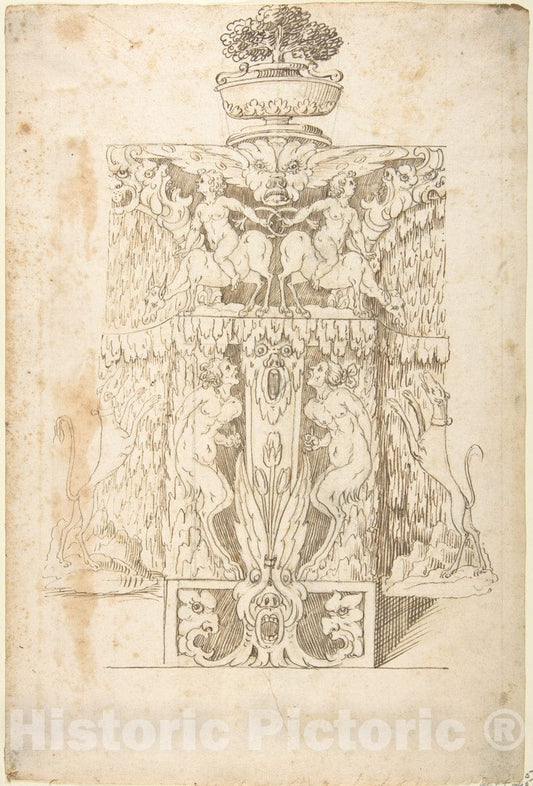 Art Print : Italian, Lombard, 16th Century - Design for a Wall Fountain - 422233 : Vintage Wall Art