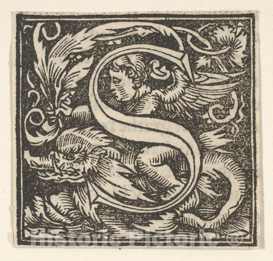 Art Print : Heinrich Vogtherr The Elder - Initial Letter S with putto : Vintage Wall Art