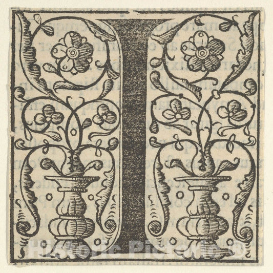 Art Print : Initial Letter I with Garlands : Vintage Wall Art