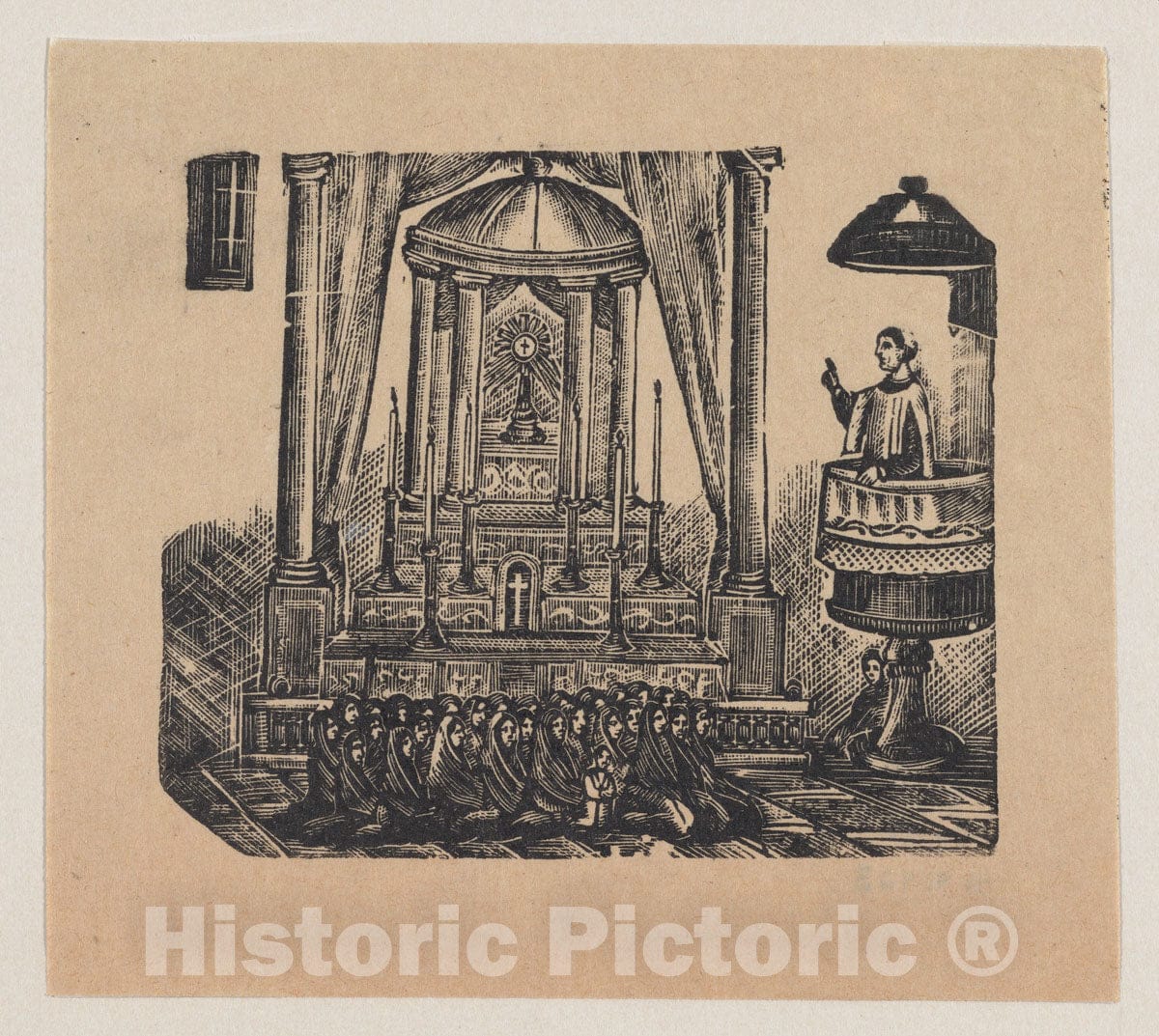 Art Print : José Guadalupe Posada - A Priest conducting Mass from a Pulpit for Women Dressed in Black : Vintage Wall Art