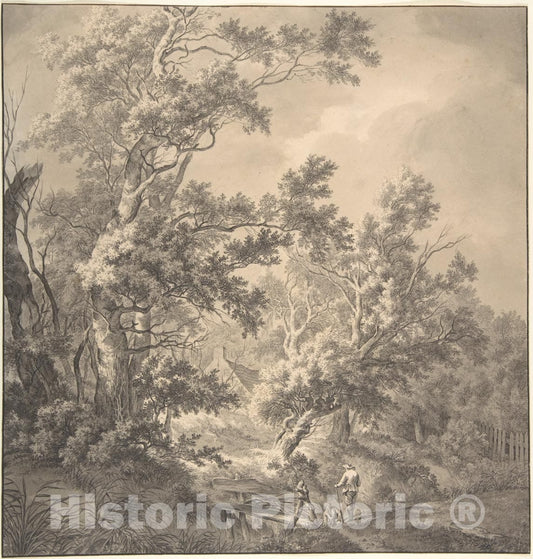 Art Print : Franciscus Andreas Milatz - Landscape with a House Hidden Between Trees and Two Men Near a Small Bridge : Vintage Wall Art