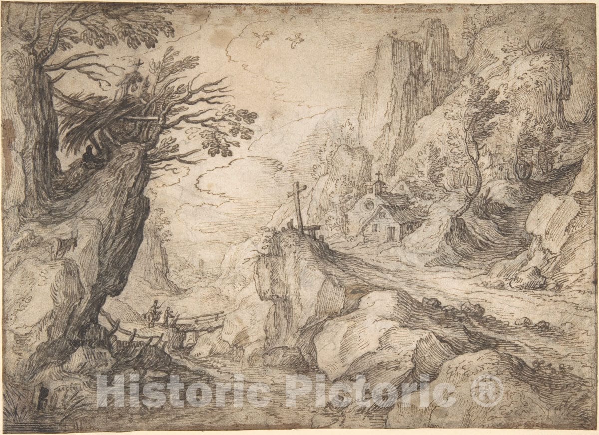 Art Print : Matthijs Bril The Younger - A Mountainous River Landscape with a Hermit and a Chapel : Vintage Wall Art