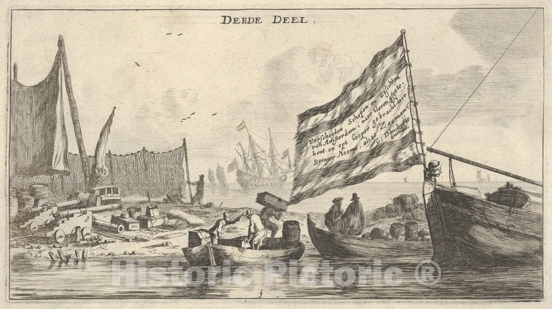 Art Print : Reinier Nooms, Called Zeeman - A Seaport, Title Page from Various Ships and Views of Amsterdam, Part III : Vintage Wall Art