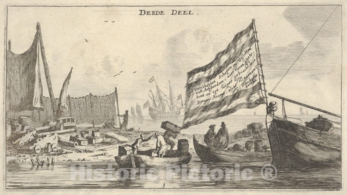 Art Print : Reinier Nooms, Called Zeeman - A Seaport, Title Page from Various Ships and Views of Amsterdam, Part III : Vintage Wall Art