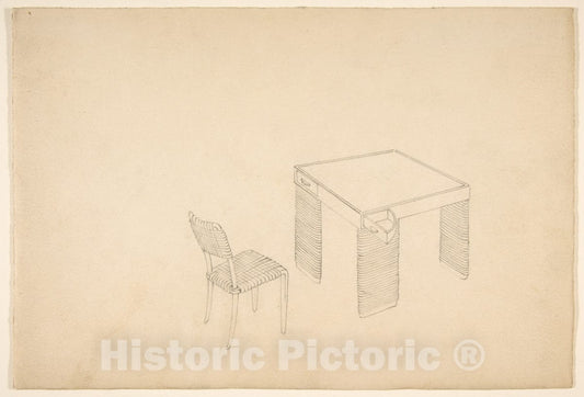 Art Print : Guglielmo Ulrich - Card Table and Side Chair with Leather or Rubber Strapping (Perspective) : Vintage Wall Art