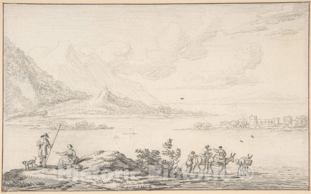 Art Print : Jan Van der Meer The Younger - Landscape with Mountains and a Lake, Figures in The Foreground : Vintage Wall Art
