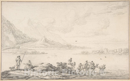 Art Print : Jan Van der Meer The Younger - Landscape with Mountains and a Lake, Figures in The Foreground : Vintage Wall Art