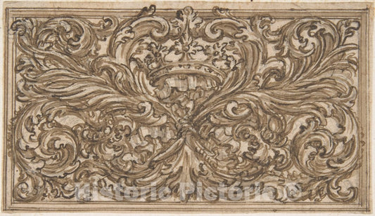 Art Print : Italian, 18th Century - Design for a Panel Decorated with A Bundle of Foliage, A Crown and a Shell : Vintage Wall Art