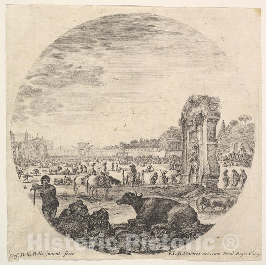 Art Print : Plate 2: Campo Vaccino, a buffalo and two shepherds in center - Artist: Stefano della Bella - Created: c1643 : Vintage Wall Art