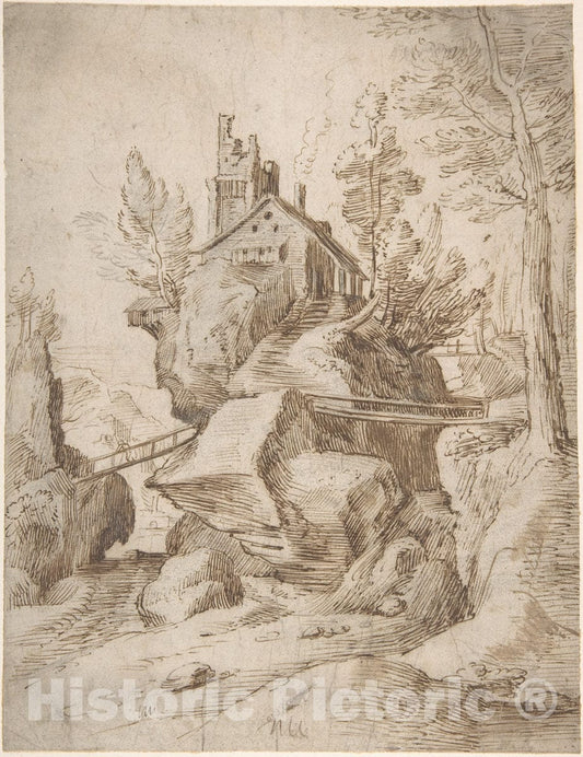 Art Print : Netherlandish, 16th Century - Fantastic Rocky Landscape with a Farmhouse and Three Foot Bridges : Vintage Wall Art