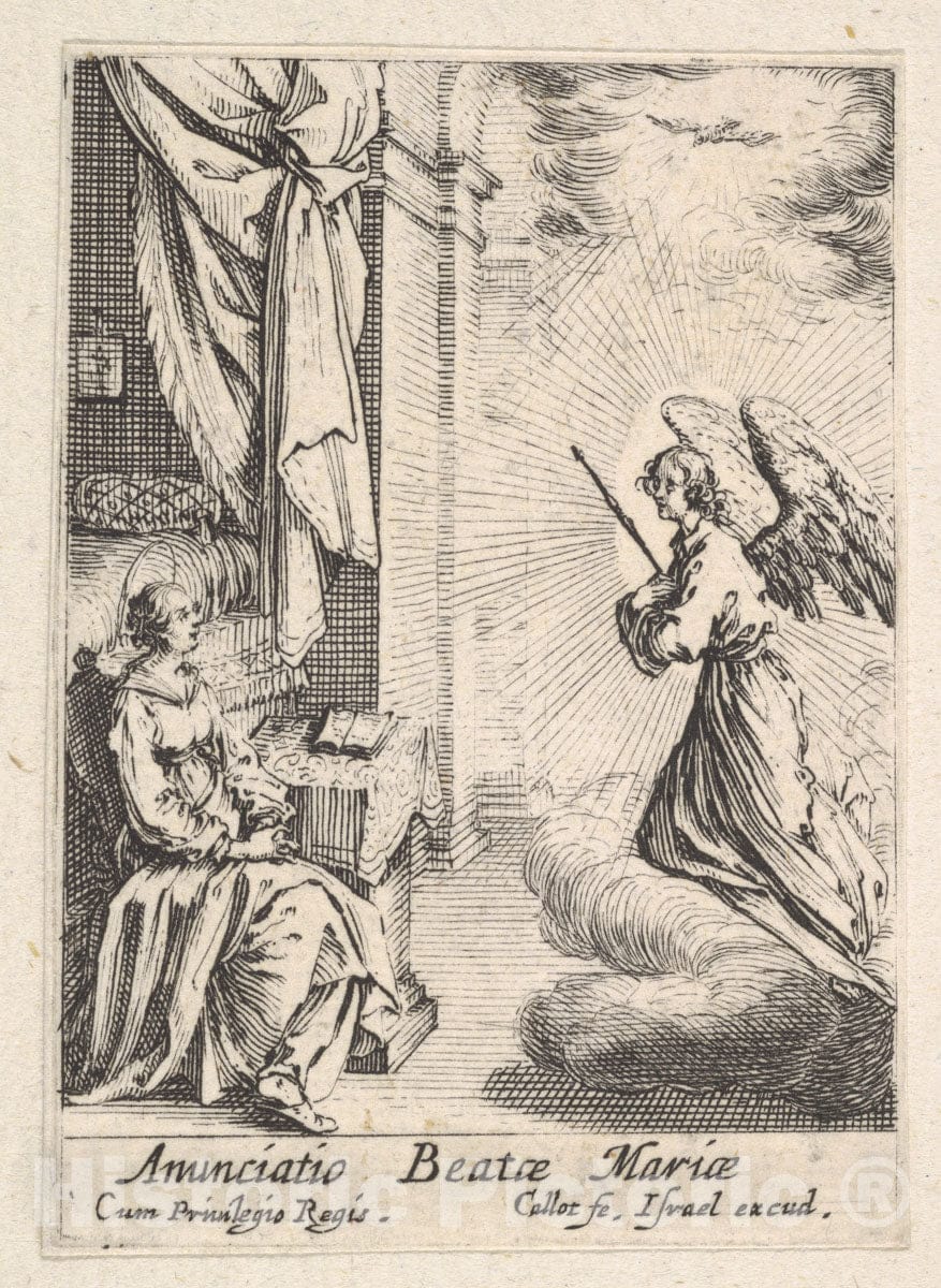 Art Print : Jacques Callot - Annunciation, with Angel Approaching The Seated Mary from The Left, and The Dove of The Holy Spirit Above : Vintage Wall Art