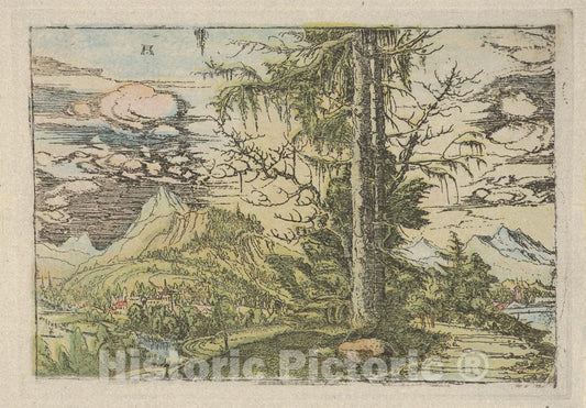Art Print : Albrecht Altdorfer - Facsimile Reproduction of Landscape with a Double Spruce : Vintage Wall Art