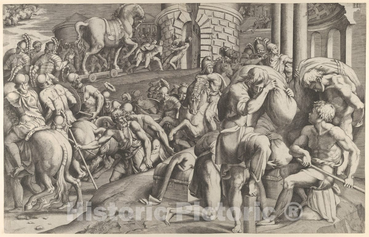Art Print : Giulio Bonasone - The Trojans Hauling The Wooden Horse into Troy 1 : Vintage Wall Art