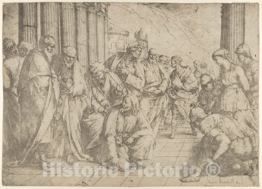 Art Print : Luca Giordano - Christ Kneels and Writes on The Pavement in The Centre and The Woman Taken in adultery Between Three Soldiers on The Right. : Vintage Wall Art