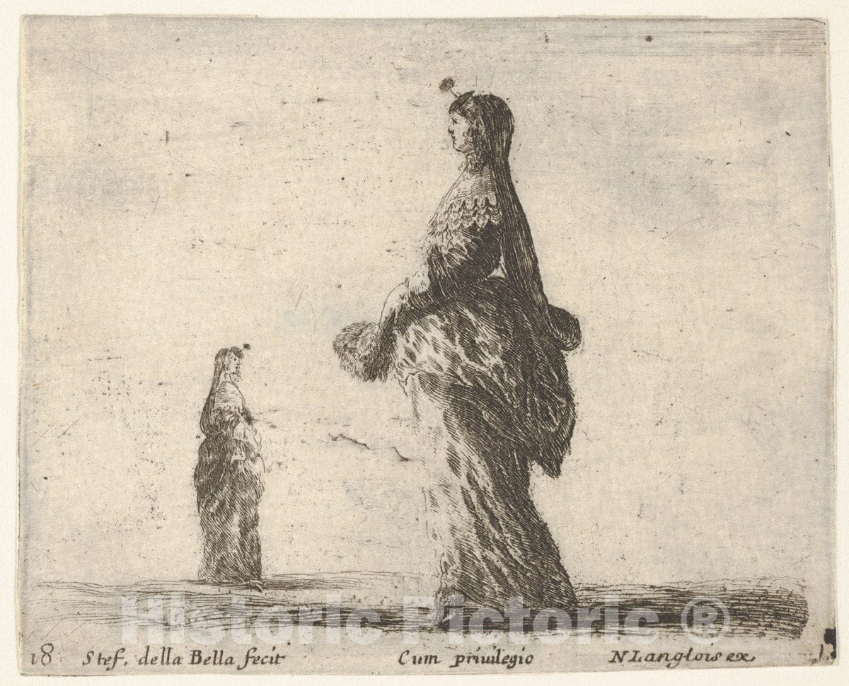 Art Print : Stefano della Bella - Plate 18: a noblewoman walking towards the left with a feathered fan 2 : Vintage Wall Art